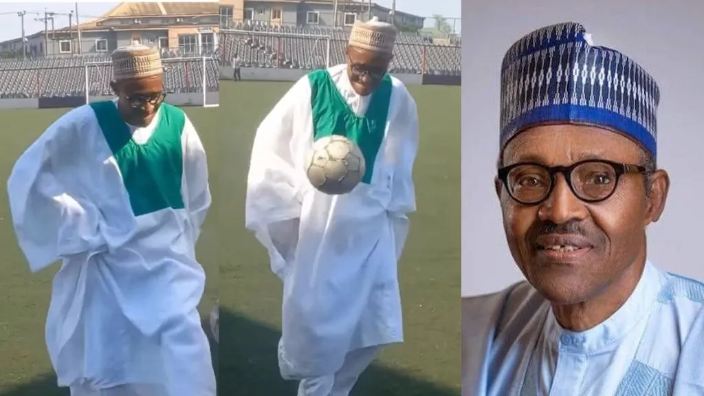 President buhari causes stir online as he shows off amazing football skills (video)