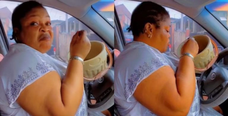 “you like food” – fans reacts as actress allwell ademola spotted eating inside lagos traffic (video)