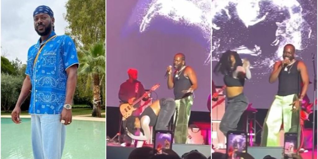 Mixed reactions trail moment adekunle gold pulled back after female dancer tried to rock him on stage -video