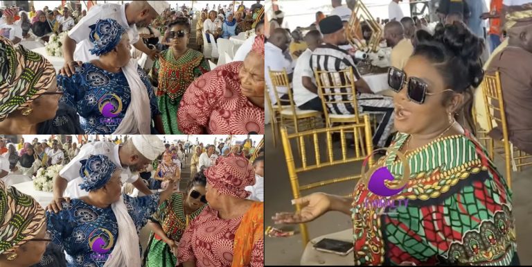 Reactions as eniola badmus kneels down to greet madam saje in public