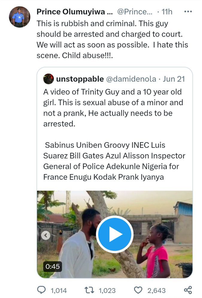 22we will act as soon as possible and charged to court22 police pro again calls for arrest of trinity guy for pranking a 10 year old girl6565109631643987963 | the9jafresh