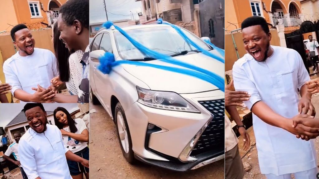Heartwarming moment actor ayo olaiyas wife surprises him with a new car at a movie set video 1 | the9jafresh